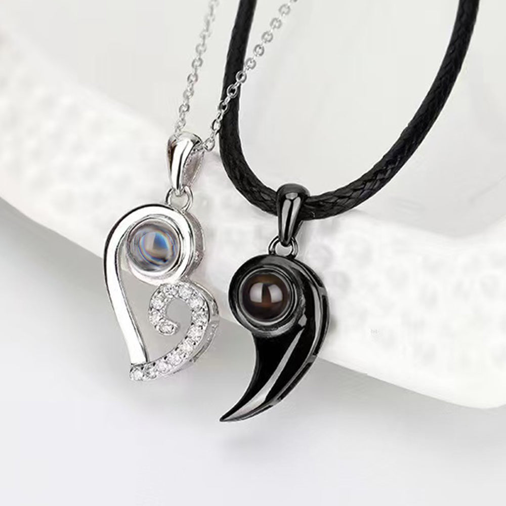 925 Silber Paar Foto Projektions Kette - Magnetische schwarze weiße Herz Anhänger,Personalisierte Geschenk für Paare & Freunde