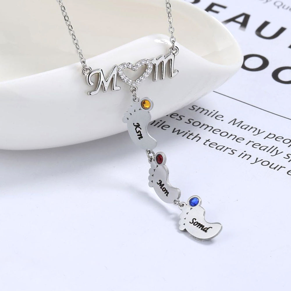 Personalisierte Namenskette mit Geburtsstein MOM & Babyfuß Anhänger– Perfekte Geschenk für Mom Oma Sie