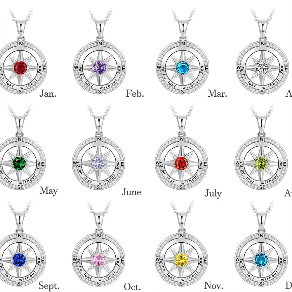 925 Silber Kompass Halskette mit Rose & Geburtsstein – Gravur „I’d be lost without you“, Geschenk zum Geburtstag & Abschluss