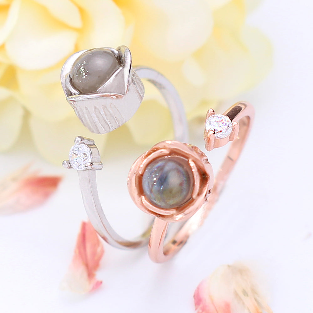 Sterlingsilber Personalisierte Foto Projektion Rose Ring mit Bild und Worten Offener Ring mit Zirkonia