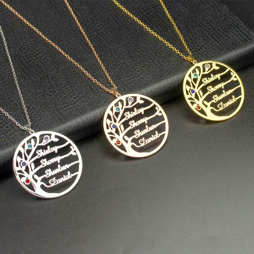 Personalisierte Geburtssteinkette mit Namensgravur – Lebensbaum im Kreis, Perfektes Geschenk für Mama und Oma