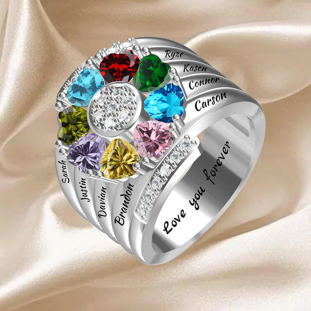 Personalisierter Geburtsstein Ring mit Gravur - Herz Blumen Kleeblatt, Heiratsantrag Freundschaftsring Familienring, Muttertag Geburtstagsgeschenk