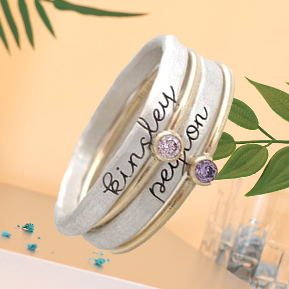 Personalisierter Stapelring – 4 Ringe mit Geburtssteinen und DIY Namensgravur, modisches & kreatives Geschenk für Sie
