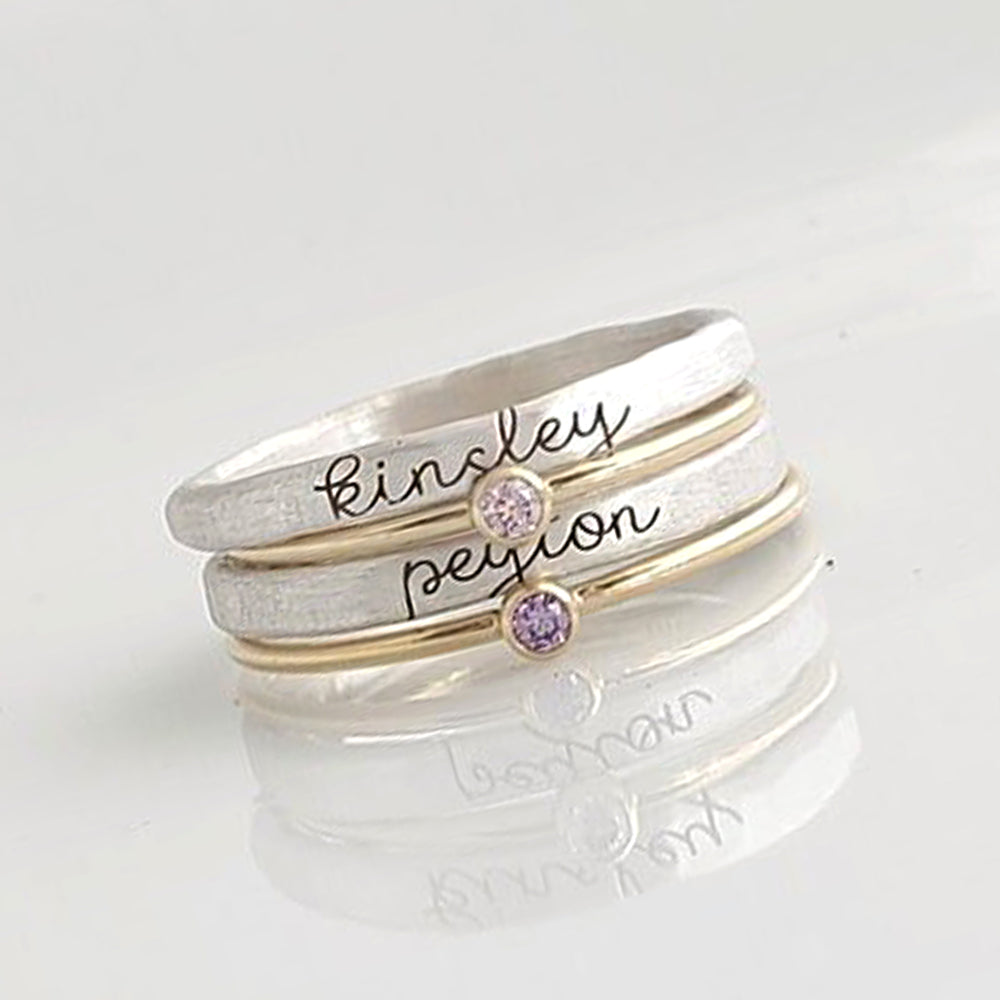 Personalisierter Stapelring – 4 Ringe mit Geburtssteinen und DIY Namensgravur, modisches & kreatives Geschenk für Sie