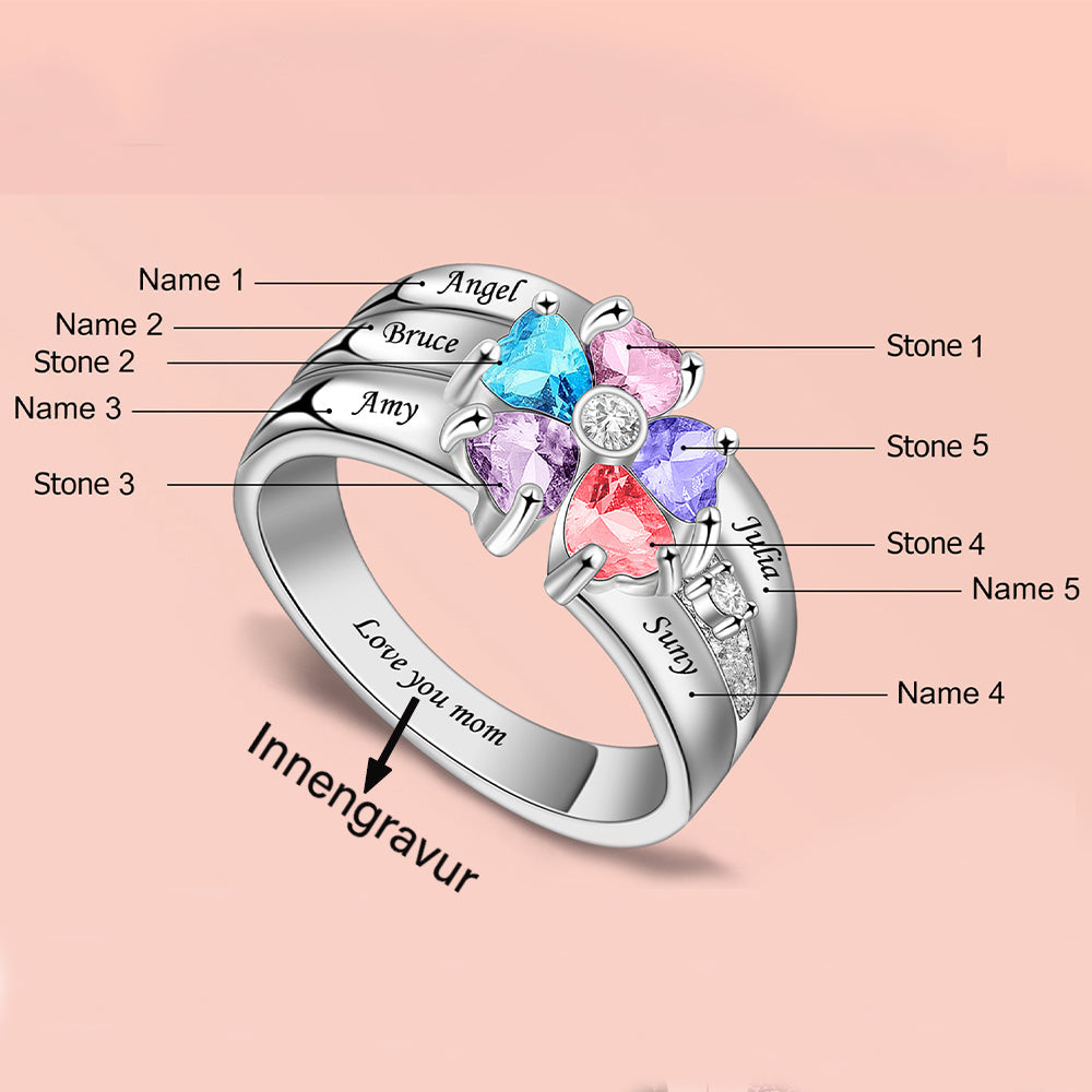 Personalisierter Geburtsstein Ring mit Gravur - Herz Blumen Kleeblatt, Heiratsantrag Freundschaftsring Familienring, Muttertag Geburtstagsgeschenk