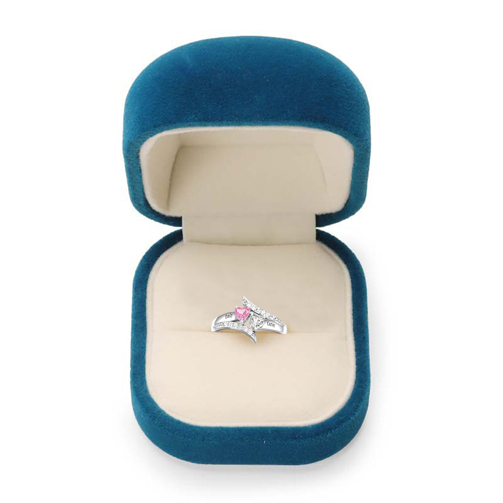 Personalisierter 925 Silber Geburtsstein Diagonaler Traumring mit Herz Ring – Namensgravur & Innengravur, perfekte Geschenk für Sie