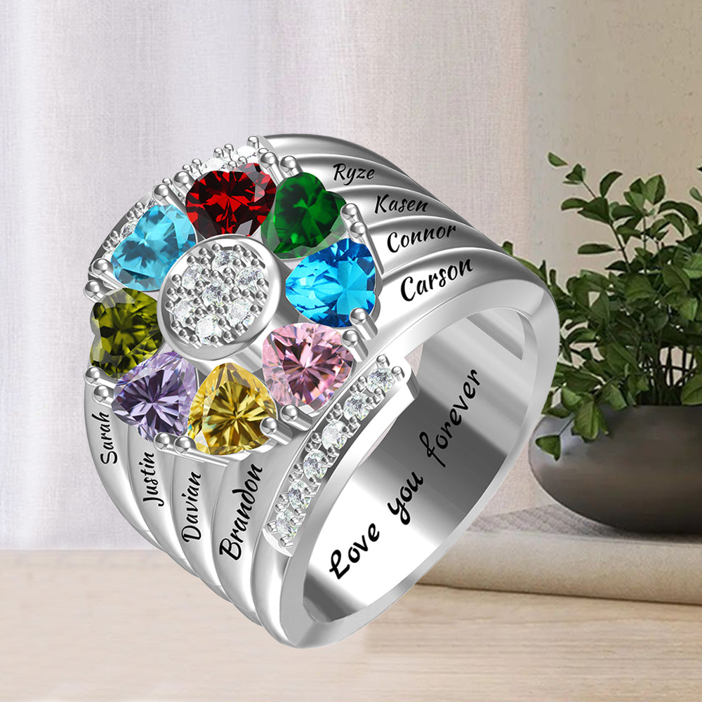 Personalisierter Geburtsstein Ring mit Gravur - Herz Blumen Kleeblatt, Heiratsantrag Freundschaftsring Familienring, Muttertag Geburtstagsgeschenk
