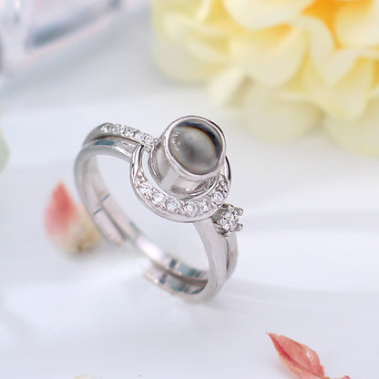 925 Silber Personalisierter Ring mit Bild – Sonne-Mond-Partnerring mit Foto und Gravur, Offener Ring für Paare