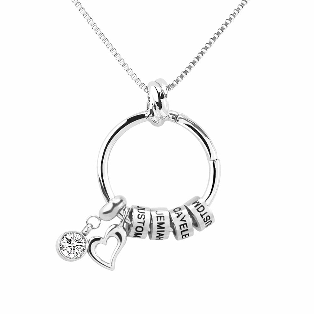 Personalisierte Namenskette mit Geburtsstein Engelsflügel Herz – Ringanhänger mit Namensperlen, Geschenk für Mama Oma & Sie
