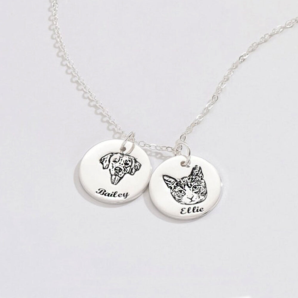 Personalisierte 925 Silber Münzhalskette mit Bild - Skizze Gravur Foto Haustier Kinderzeichnung Fingerabdruck & Name