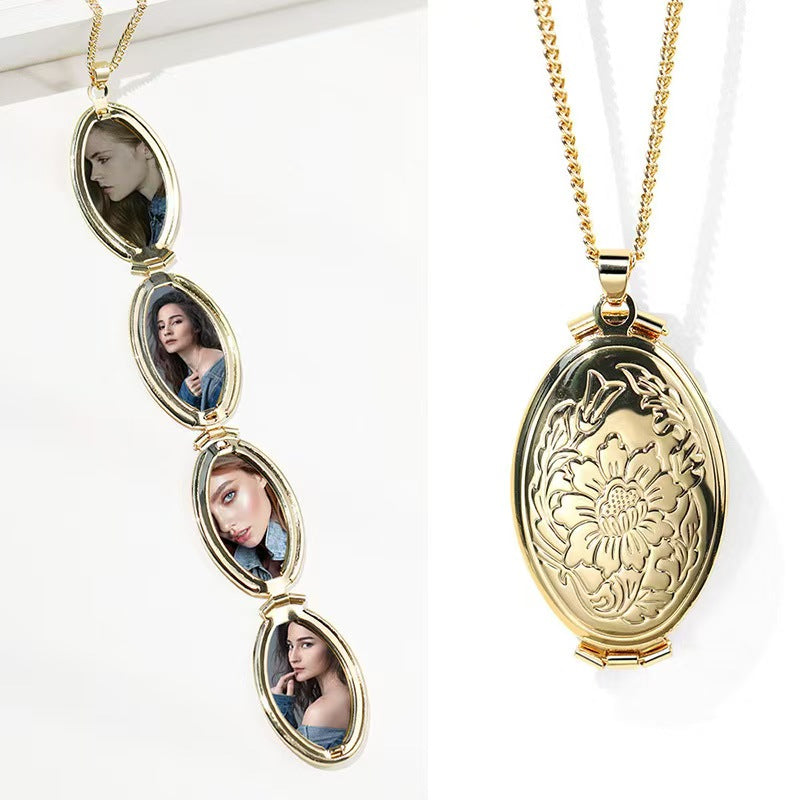 Personalisierte Ovales Medaillon Fotoalbum Kette mit Blume – Stapelbar und Aufklappbar,Y-Form,4 Bilder,Stilvolles Kreatives Erinnerungs Schmuck Geschenk