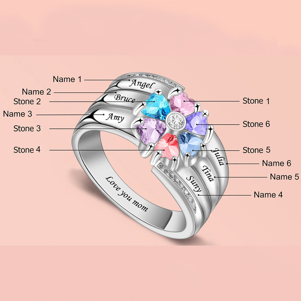Personalisierter Geburtsstein Ring mit Gravur - Herz Blumen Kleeblatt, Heiratsantrag Freundschaftsring Familienring, Muttertag Geburtstagsgeschenk