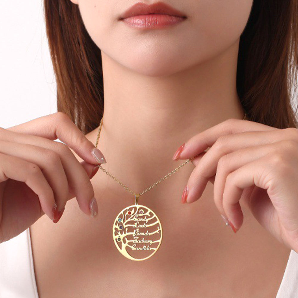 Personalisierte Geburtssteinkette mit Namensgravur – Lebensbaum im Kreis, Perfektes Geschenk für Mama und Oma