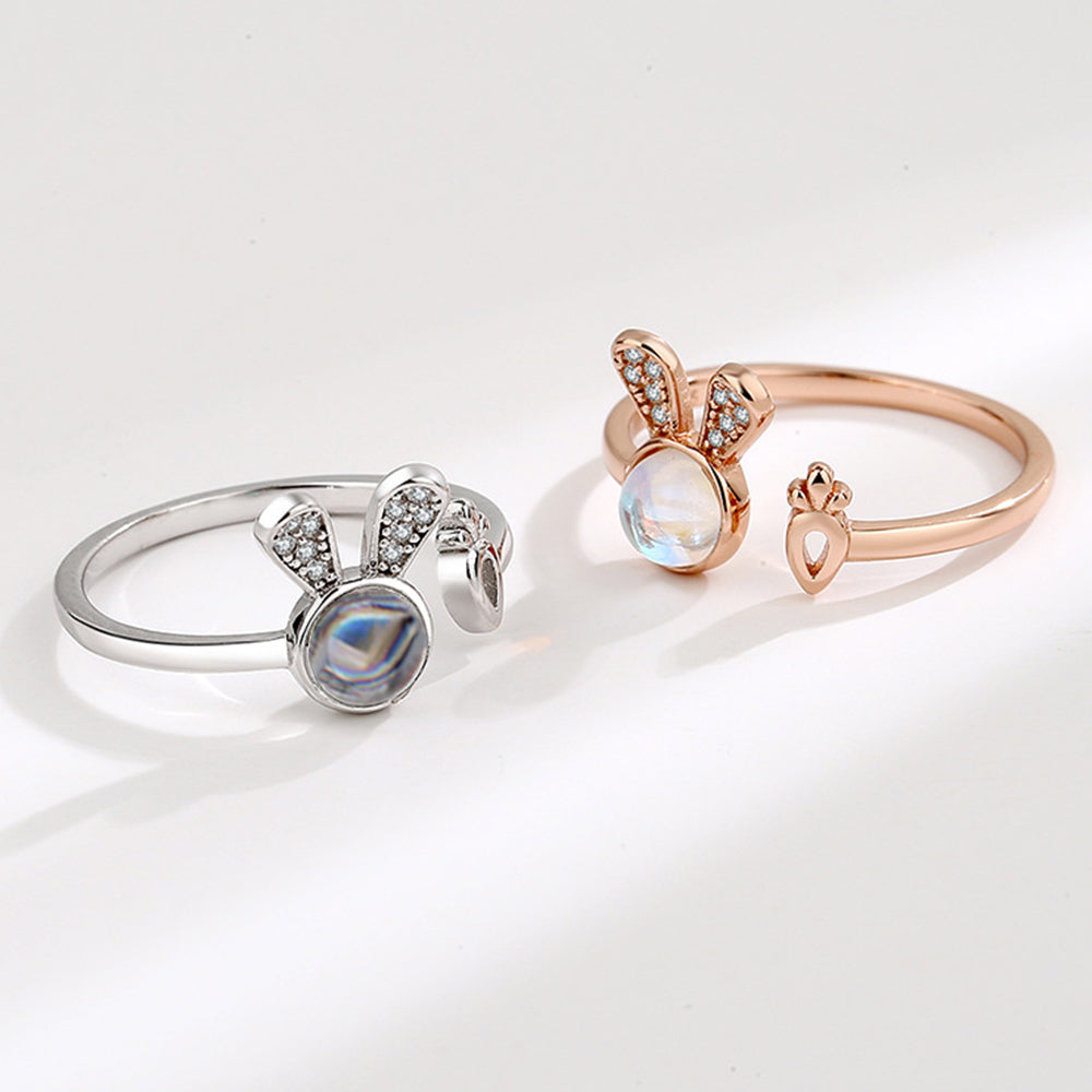 925 Silber Kaninchen Karotte Offener Ring mit Bild im Stein– Fotoprojektion Schmuck Perfekte Geschenk für Sie
