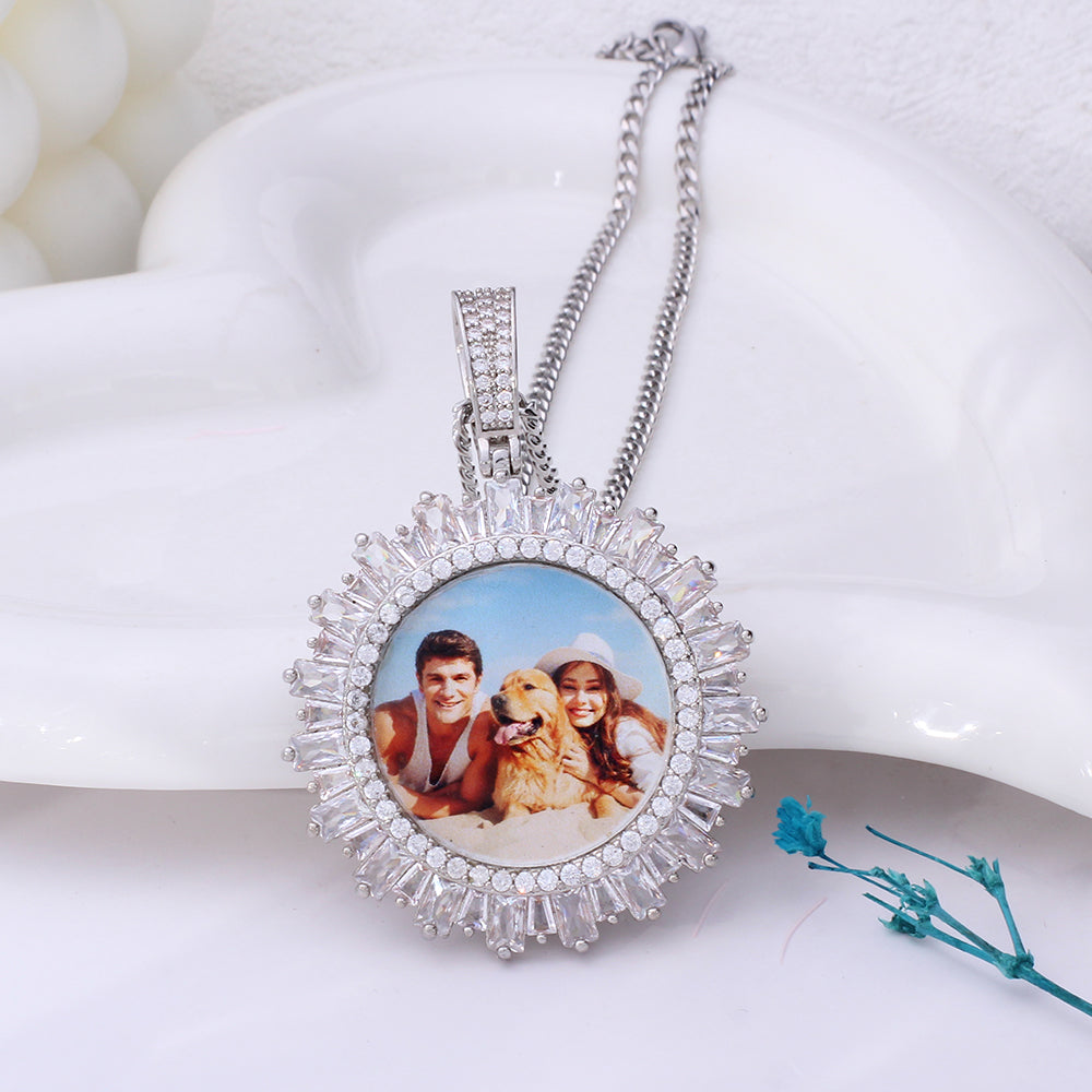 Personalisierte Zirkonia Sonnenblume Kette mit Bild - Medaillon mit Foto