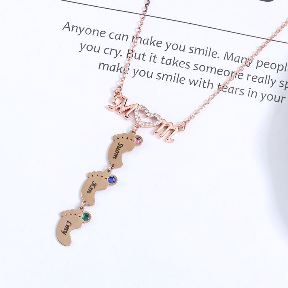 Personalisierte Namenskette mit Geburtsstein MOM & Babyfuß Anhänger– Perfekte Geschenk für Mom Oma Sie