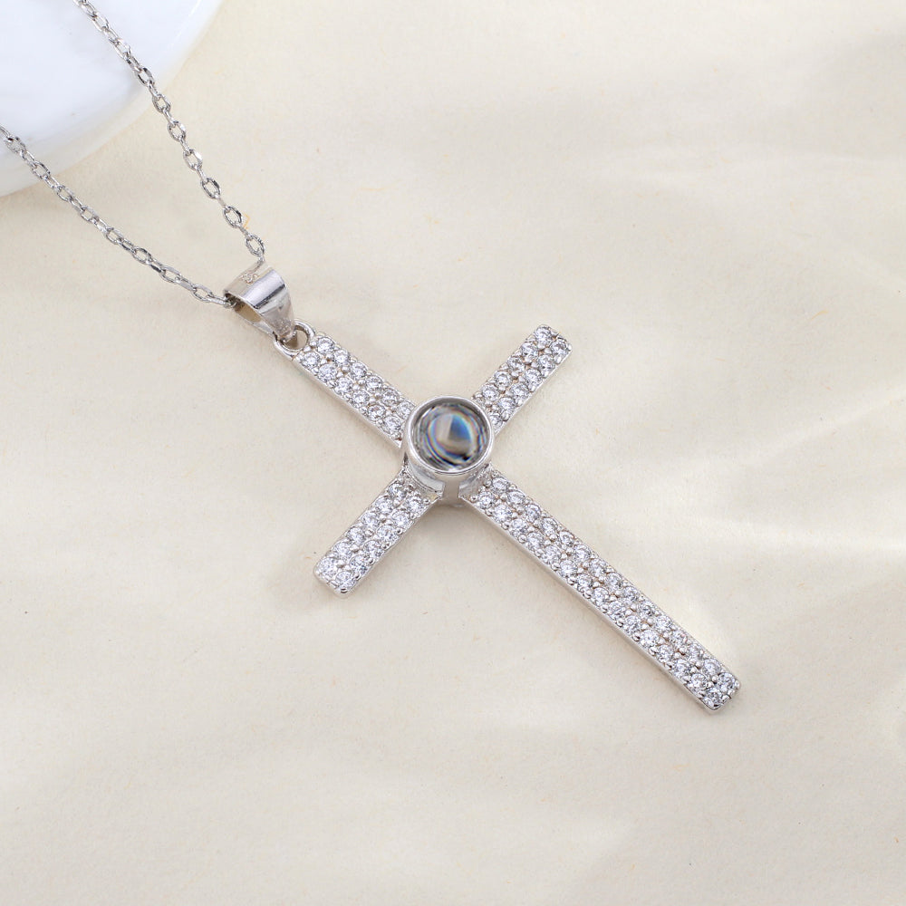 Personalisierte Silber Luxuriöse Glitzer Kreuz Kette mit Bild im Stein – Funkelndes Kreuz mit Foto Projektion