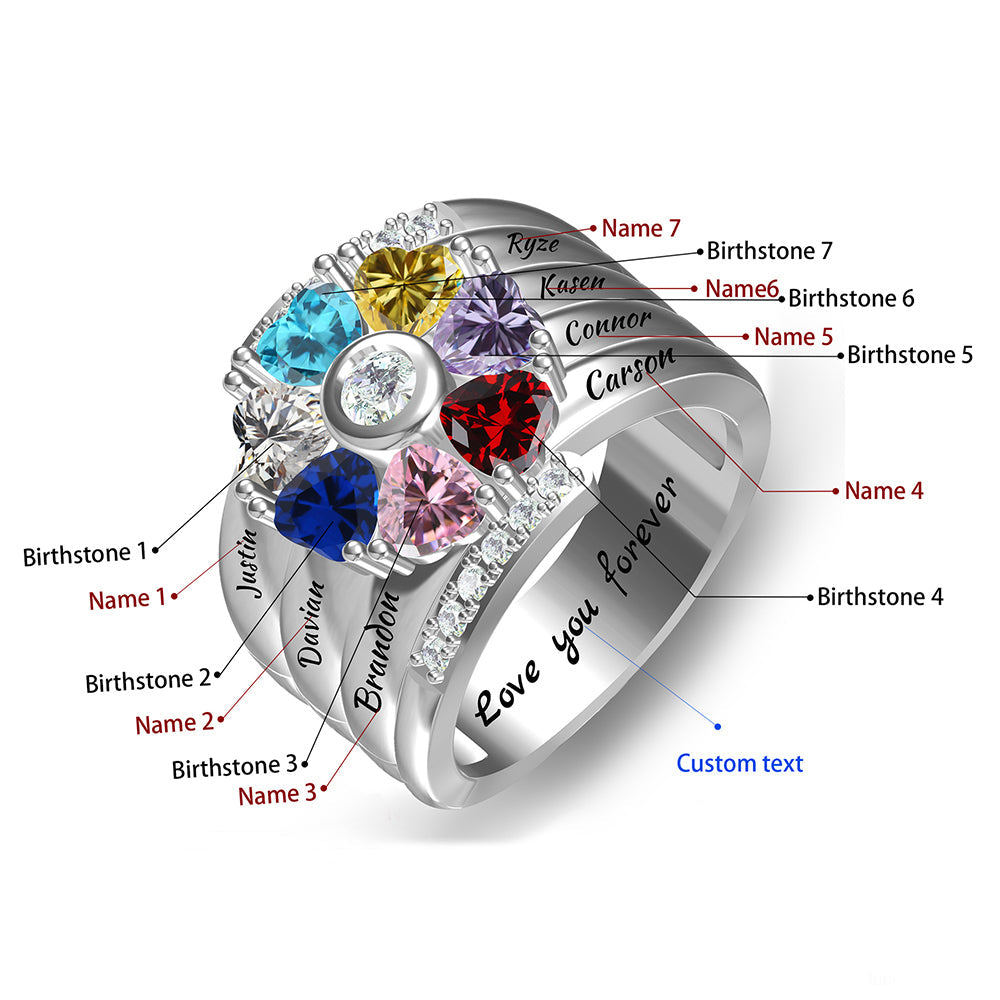 Personalisierter Geburtsstein Ring mit Gravur - Herz Blumen Kleeblatt, Heiratsantrag Freundschaftsring Familienring, Muttertag Geburtstagsgeschenk