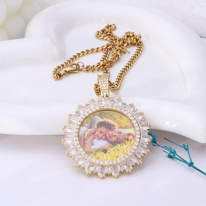 Personalisierte Zirkonia Sonnenblume Kette mit Bild - Medaillon mit Foto