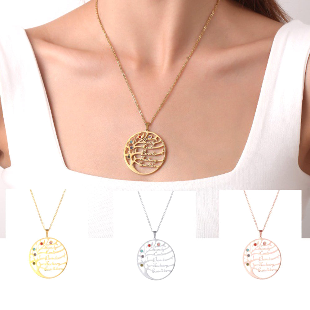 Personalisierte Geburtssteinkette mit Namensgravur – Lebensbaum im Kreis, Perfektes Geschenk für Mama und Oma