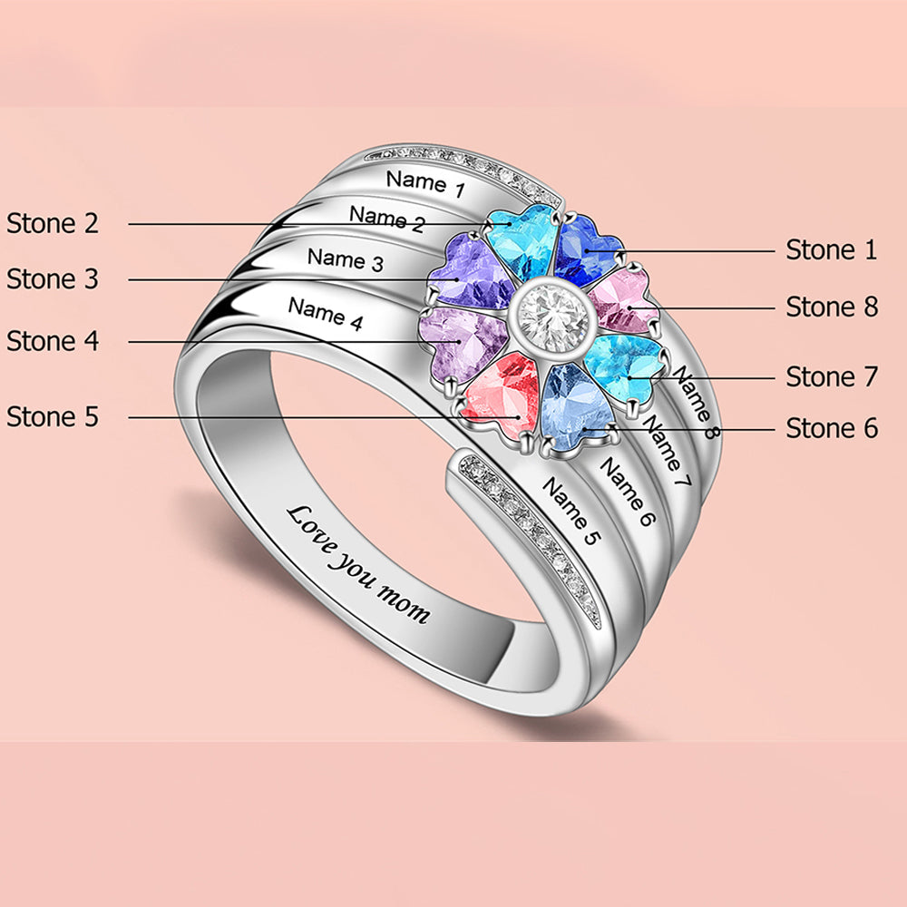 Personalisierter Geburtsstein Ring mit Gravur - Herz Blumen Kleeblatt, Heiratsantrag Freundschaftsring Familienring, Muttertag Geburtstagsgeschenk