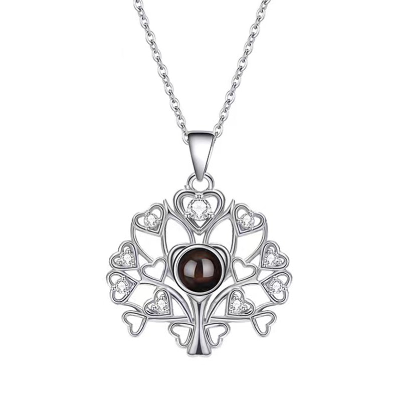 Personalisierte Projektions Kette mit Bild drin – Lebensbaum mit Herzen & Zirkonia, 925 Silber Geschenk für Sie