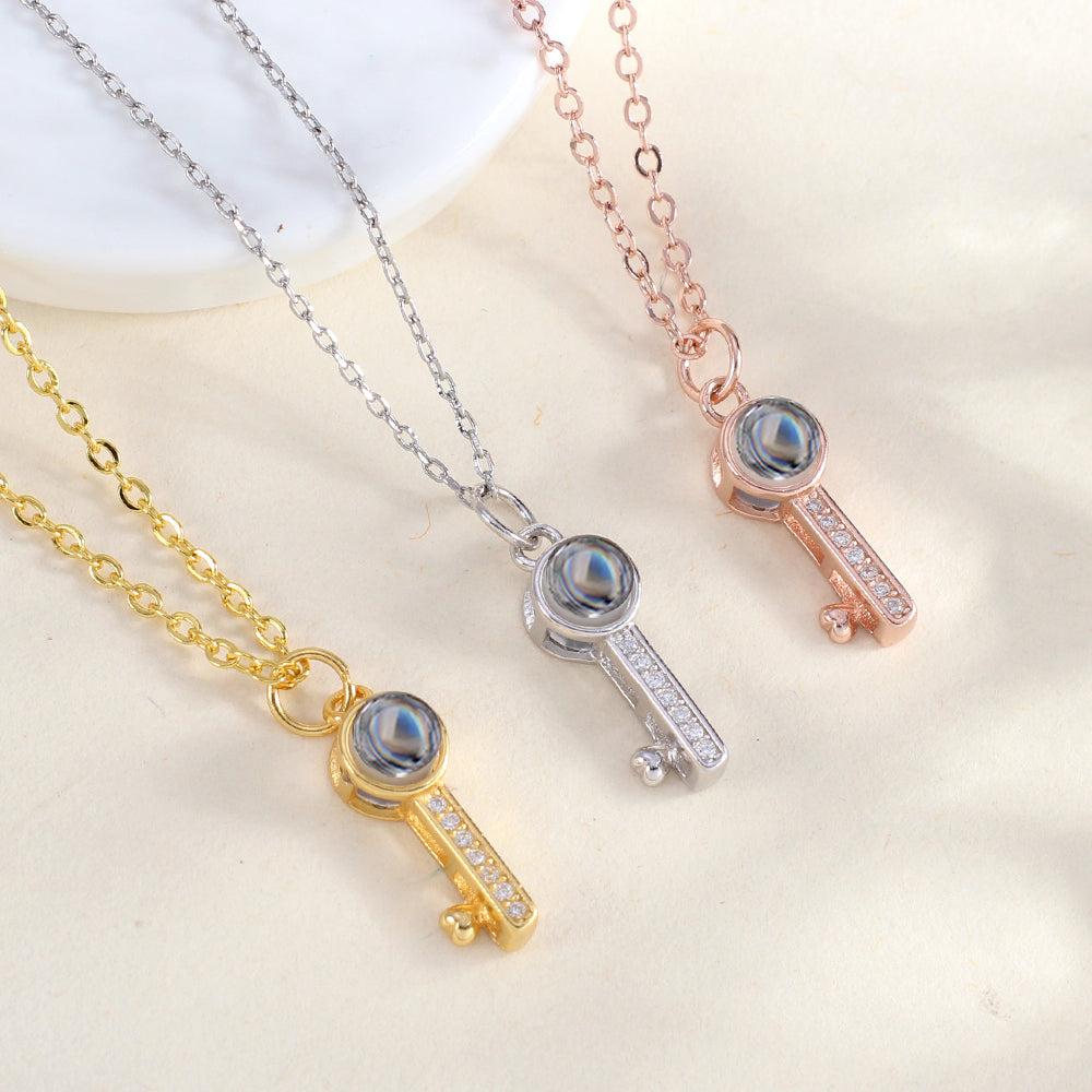 Personalisierte 925 Silber Herz Schlüssel Kette mit Bild im Stein - Ideale Fotogeschenk für Sie