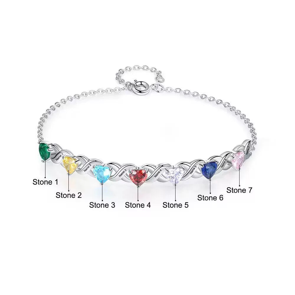 Personalisiertes Infinity Loop Herz Geburtsstein Armband mit eingraviertem Namen – Perfektes Geschenk für Mama, Oma & Team