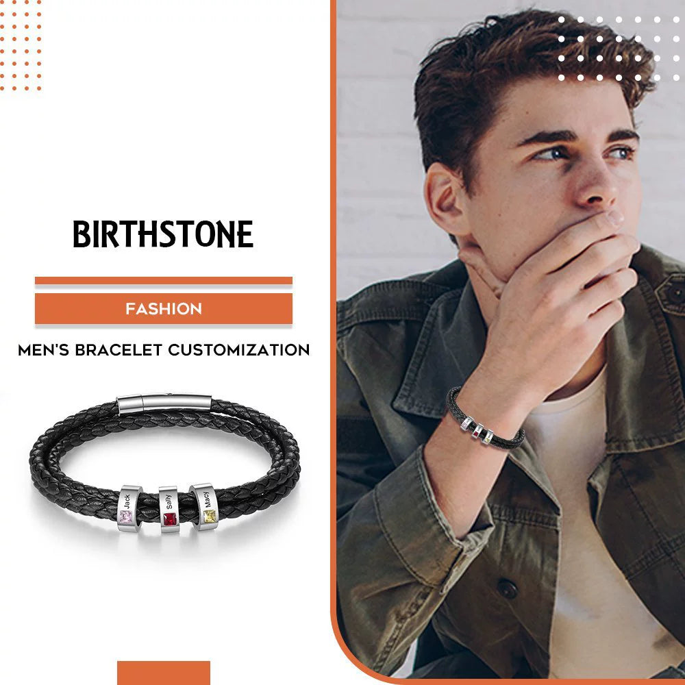 Personalisierte Multitour Geflochtenes Leder Armband mit Gravur & Geburtsstein - Optional Mehrere Namen, Geschenk für Männer