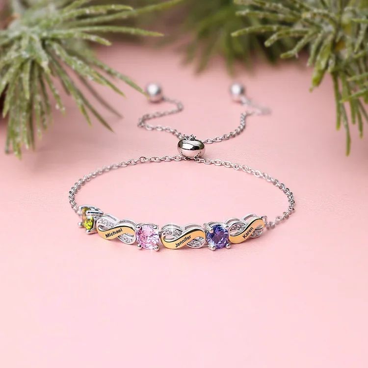 Personalisiertes Infinity Armband mit Geburtssteinen & Namen – Symbol der ewigen Liebe für Mama, Partnerin oder Freundin