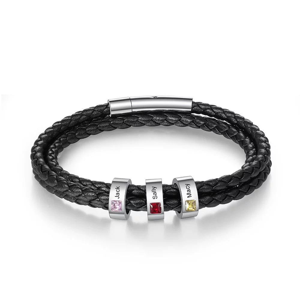 Personalisierte Multitour Geflochtenes Leder Armband mit Gravur & Geburtsstein - Optional Mehrere Namen, Geschenk für Männer
