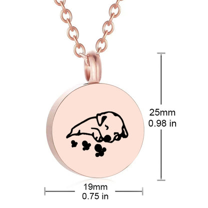 Personalisierte Edelstahl-Haustier-Urnenkette - Runder Anhänger mit Gravur von Hund und Pfotenabdrücken, Rückseite gravierbar