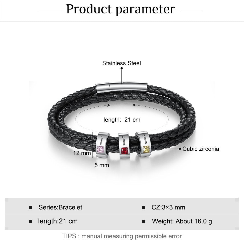 Personalisierte Multitour Geflochtenes Leder Armband mit Gravur & Geburtsstein - Optional Mehrere Namen, Geschenk für Männer