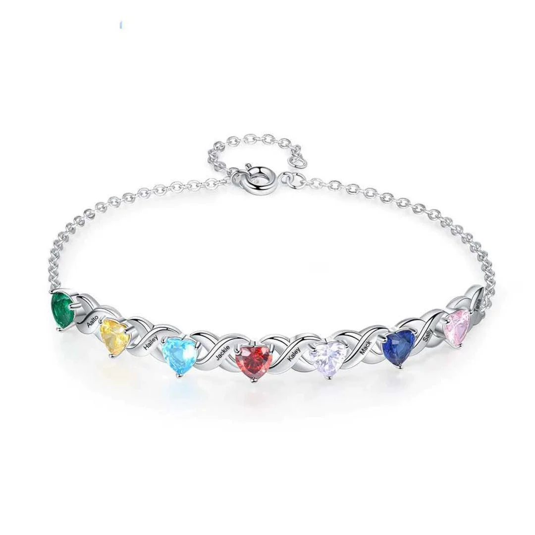 Personalisiertes Infinity Loop Herz Geburtsstein Armband mit eingraviertem Namen – Perfektes Geschenk für Mama, Oma & Team