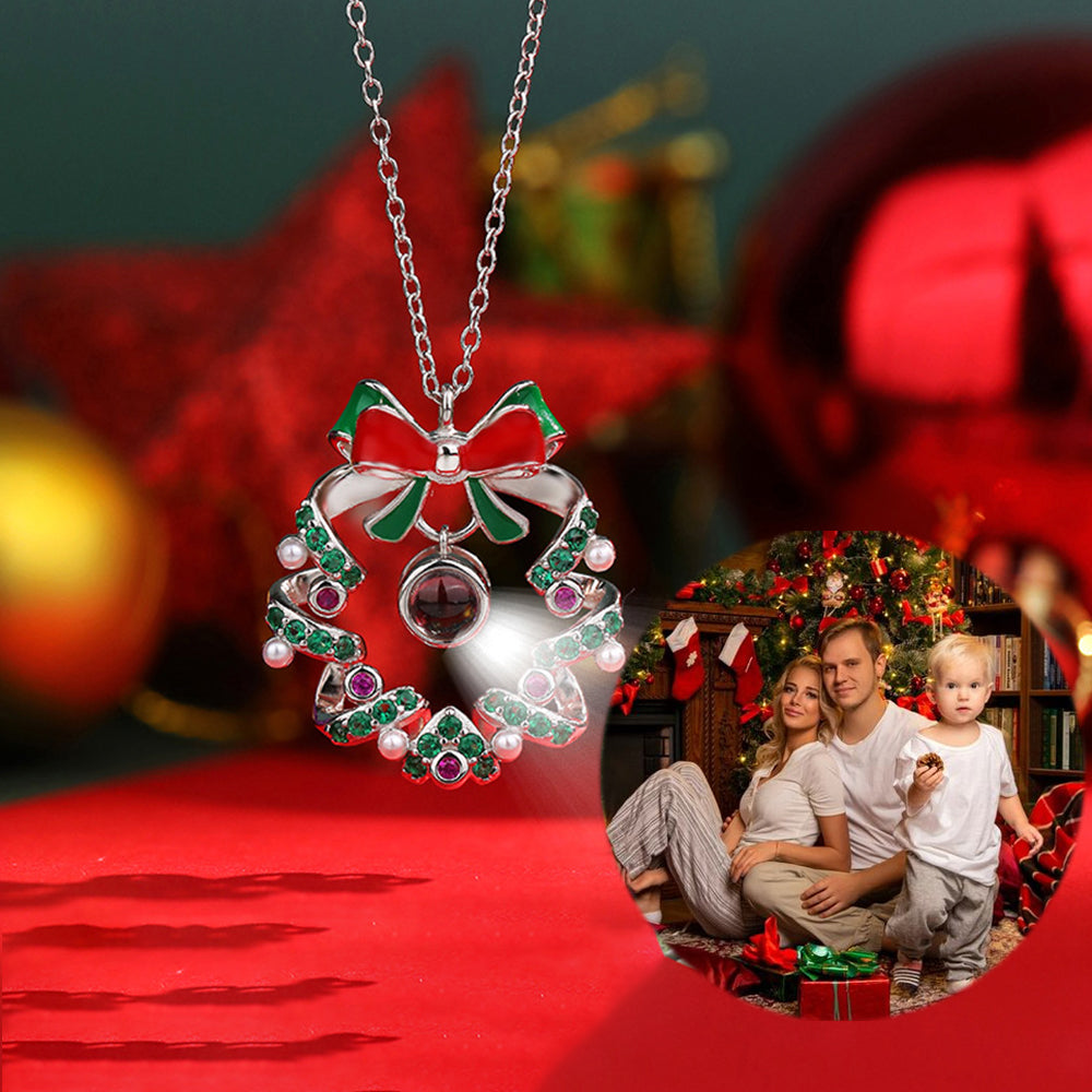 Personalisierte Fotokette mit Bild & Text  - Rot Grüner Zirkon Perlen Schleifenkranz,Weihnachts Party Gedenk Schmuck Geschenk