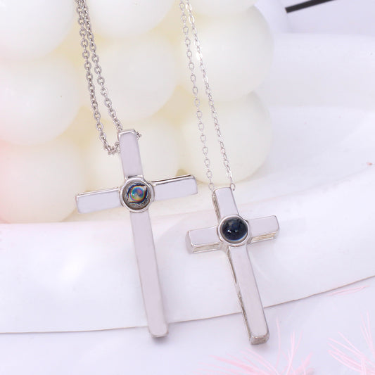 Personalisierte Sterling silver Kreuz Kette mit Foto Projektion[Bonus schwarzen Lederkette]