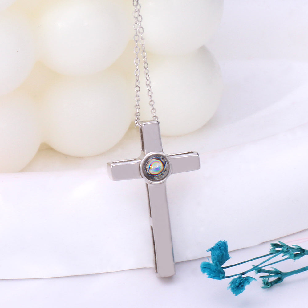 Personalisierte Sterling silver Kreuz Kette mit Foto Projektion[Bonus schwarzen Lederkette]