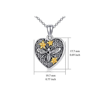 925 Silber Personalisierte Medaillon Kette mit Foto – Herz Anhänger mit 3D Biene, Bienenwabe und Goldener Sonnenblume, Erinnerungsgeschenk für Ihn und Sie