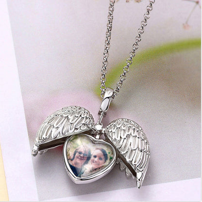 Personalisierte 925 Silber Herz Medaillon Kette mit Foto - Anhänger mit ausklappbaren Engelsflügeln,Bild Erinnerungs Geschenk Schmuck