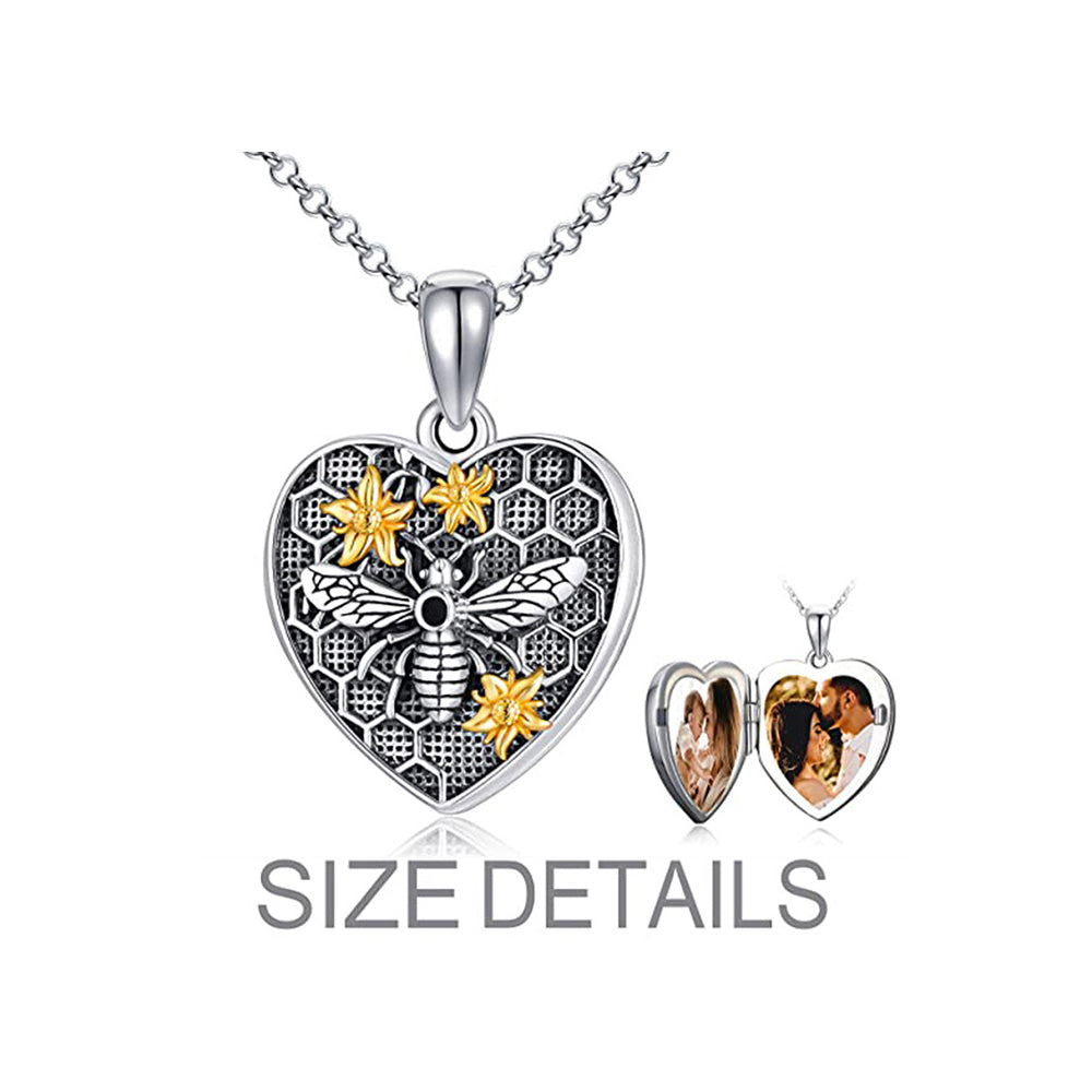 925 Silber Personalisierte Medaillon Kette mit Foto – Herz Anhänger mit 3D Biene, Bienenwabe und Goldener Sonnenblume, Erinnerungsgeschenk für Ihn und Sie