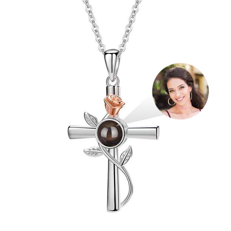 Personalisierte  Kette mit Bild Drin – Kreuz und Rose Anhänger mit Foto Projektion