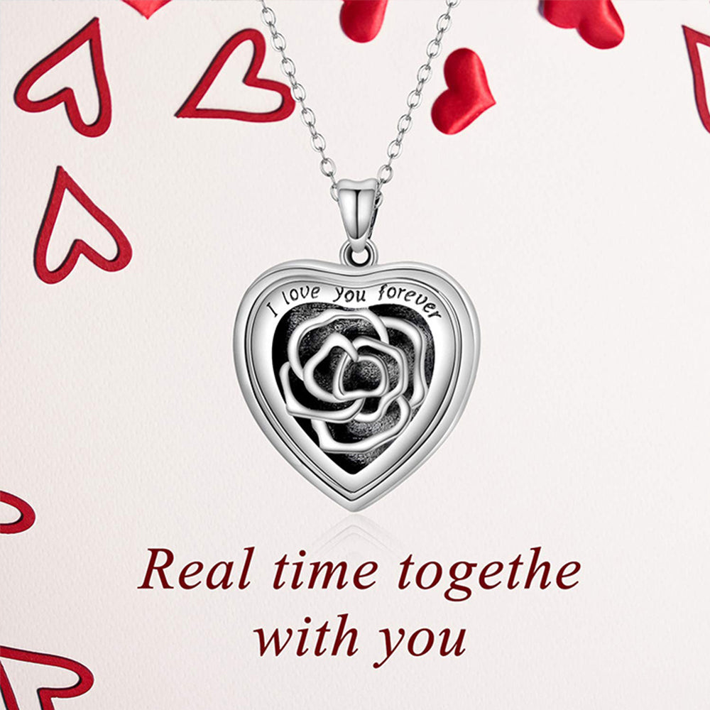 925 Silber Personalisierte Medaillon Kette mit Foto – öffnbar Herz Anhänger mit Rose, Perfektes Weihnachtsgeschenk für Freundin Ehefrau Mutter