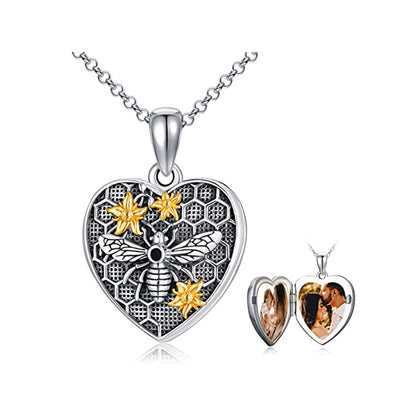 925 Silber Personalisierte Medaillon Kette mit Foto – Herz Anhänger mit 3D Biene, Bienenwabe und Goldener Sonnenblume, Erinnerungsgeschenk für Ihn und Sie