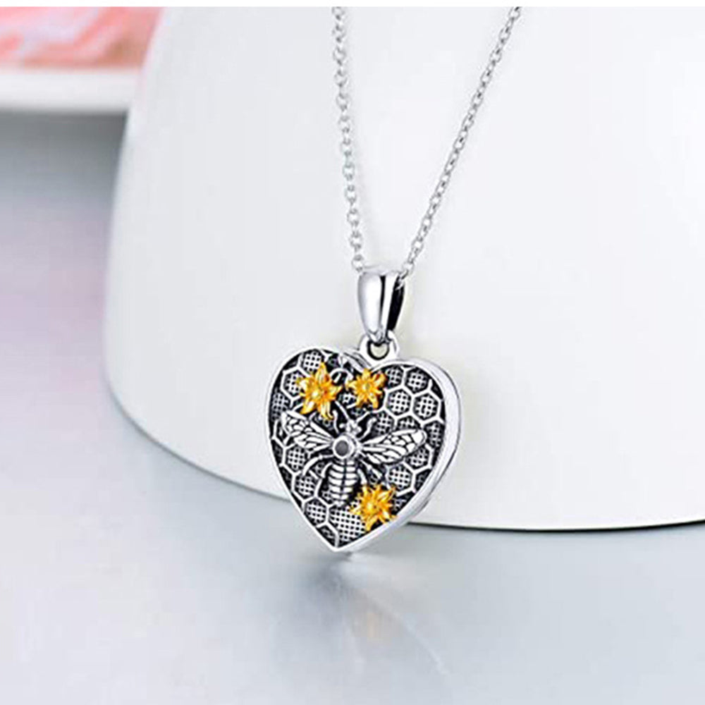 925 Silber Personalisierte Medaillon Kette mit Foto – Herz Anhänger mit 3D Biene, Bienenwabe und Goldener Sonnenblume, Erinnerungsgeschenk für Ihn und Sie