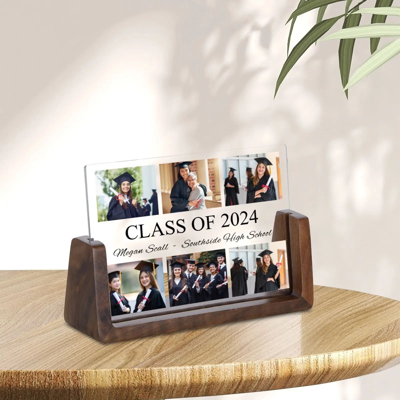 Personalisierter Holz & Acryl LED Bilderrahmen zum Abschluss, Abschlussurkunde Gravur Abschlussgeschenk mit 6 Fotos & Name