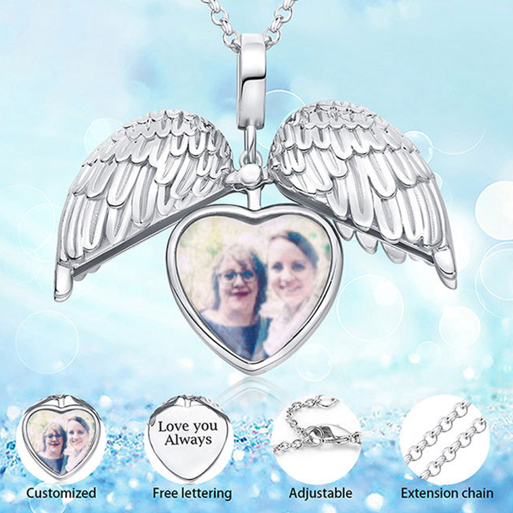 Personalisierte 925 Silber Herz Medaillon Kette mit Foto - Anhänger mit ausklappbaren Engelsflügeln,Bild Erinnerungs Geschenk Schmuck