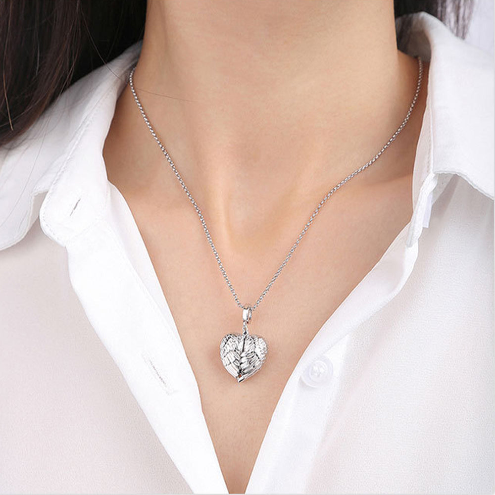 Personalisierte 925 Silber Herz Medaillon Kette mit Foto - Anhänger mit ausklappbaren Engelsflügeln,Bild Erinnerungs Geschenk Schmuck