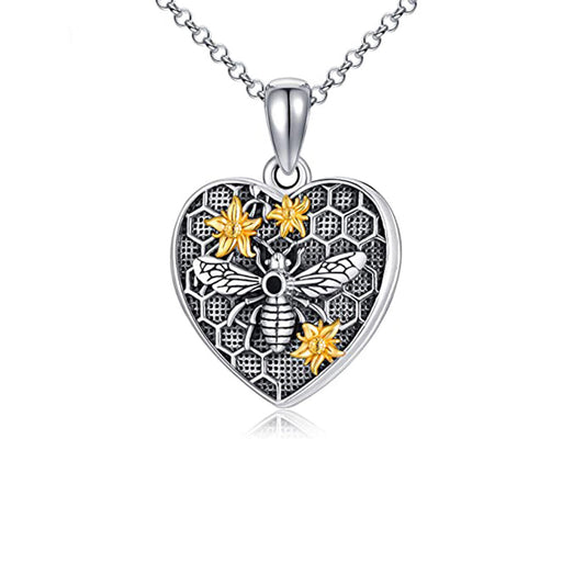 925 Silber Personalisierte Medaillon Kette mit Foto – Herz Anhänger mit 3D Biene, Bienenwabe und Goldener Sonnenblume, Erinnerungsgeschenk für Ihn und Sie