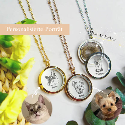 Personalisierter Hochglanz-Edelstahl-Gedenkschmuck – Rundanhänger mit doppelseitigem Glas und Fotoaufdruck, mit Haaraufbewahrung