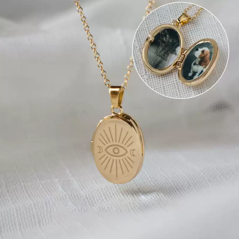 Vergoldete Ovale Foto Medaillon Halskette mit Sonne Mond Böser Blick - Personalisierte Fotos & Text,Erinnerung Schmuck Geschenk für Sie